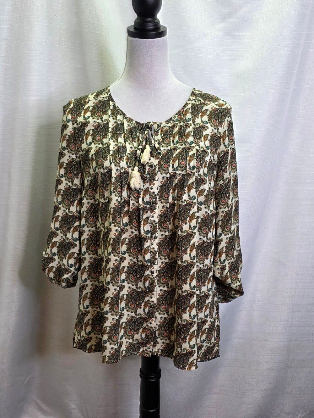 Daniel Rainn Brown Abstract Paisley Tie Neck Popover Blouse Size Medium